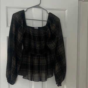 Pink Lily - Any Day Now Black and Tan Smocked Bust Plaid Blouse - Size Small